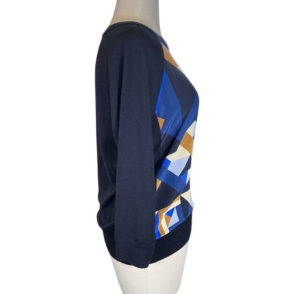 J.Crew Silk Front Merino Wool Sweater Size S | Blue Tan Geometric Print - Picture 3 of 10